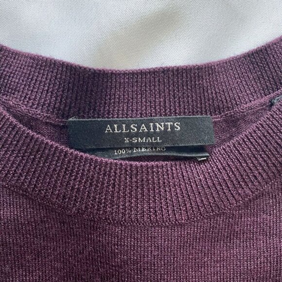 ALLSAINTS LIBBY PLUM 100% MERINO WOOL CONTRAST CHIFFON HEM SWEATER TOP - XS - Picture 6 of 11